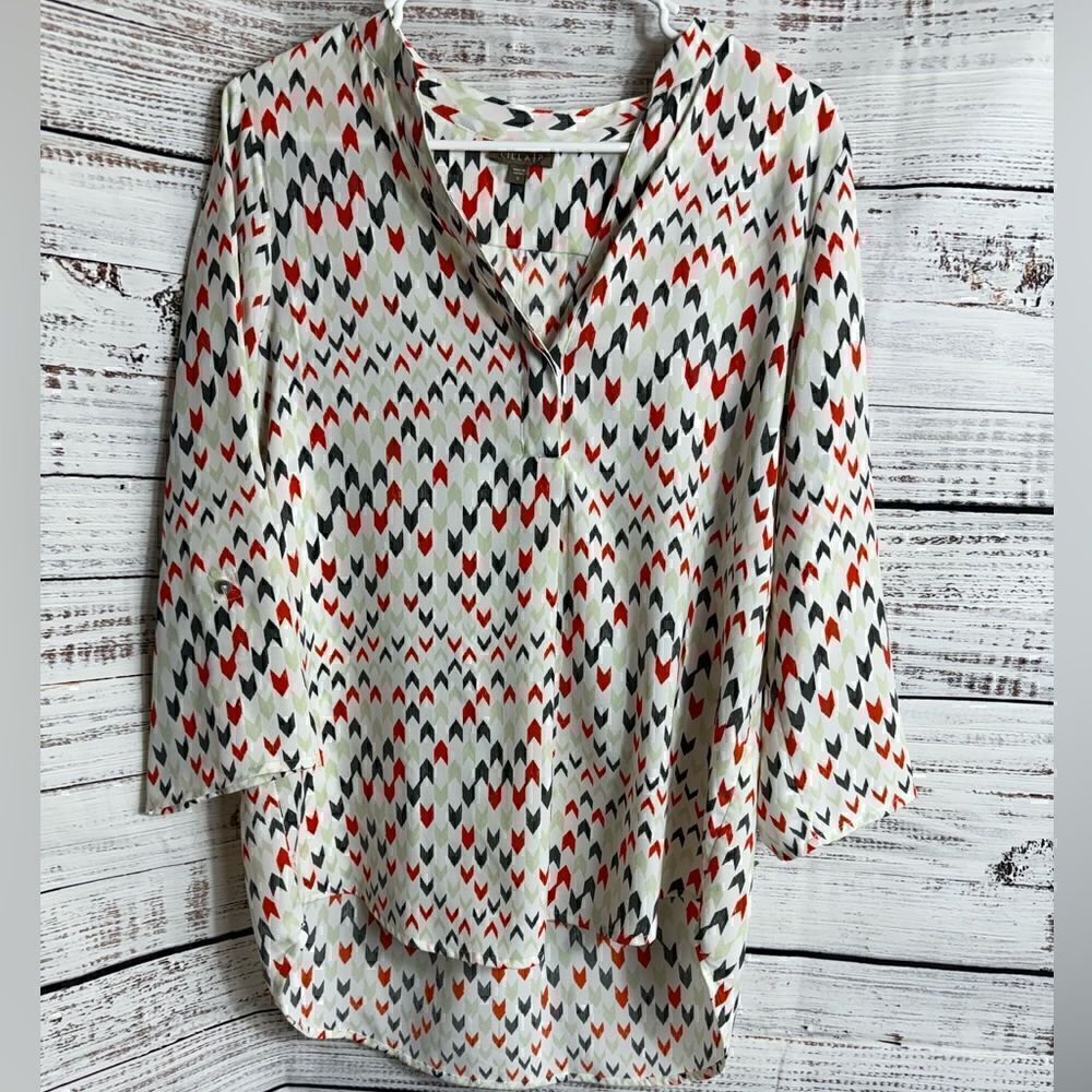 Lilla P Top Womens Small pop‎ over chiffon Blouse roll up sleeves light tunic